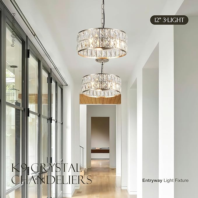 12” 3-Light Modern Crystal Chandeliers Nickel Dinning Room Light Fixture, Round Pendant Light Kitchen Island Chandelier, Flush Mount Ceiling Light for Living Room Entryway Bedroom Foyer-HomvellaHome