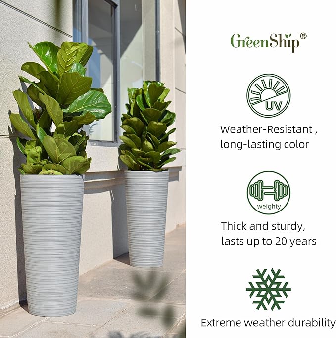 GreenShip 27" Tall Planters, Set of 2 – Black Outdoor Planter for Front Porch & Tall Plants, Weather-Resistant, with Drainage Hole & Rubber Plug (No Plants Included) (Light Gray)-HomvellaHome
