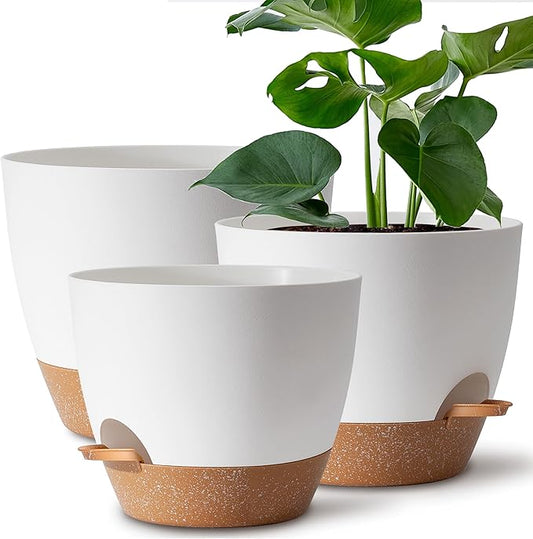 Giraffe Creation Plant Pots Set of 3 (12/10/9 inch), Self-Watering Indoor & Outdoor Flower Planters with Drainage Hole and Reservoir, White-HomvellaHome