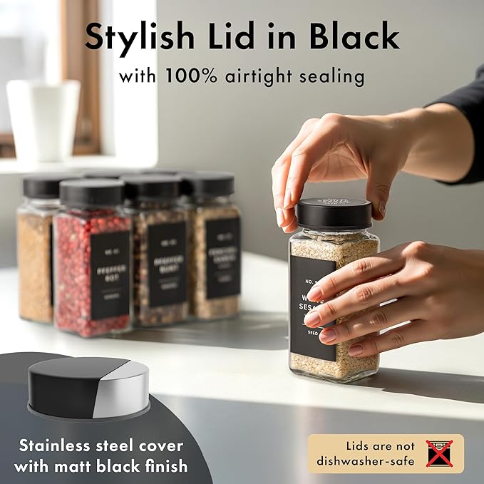 Glass Spice Jars with Label and Stainless Steel Lids (24 x 4oz) Spice Containers with 240 Labels, Shaker Inserts, Steel Funnel, Empty Square Empty Square Seasoning Organizer (Black)-HomvellaHome