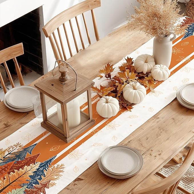 GEEORY Fall Watercolor Trees & Maple Leaves Striped Table Runner 13x90 Inch, Rustic Farmhouse Autumn Thanksgiving Decor for Kitchen, Dining, Indoor/Outdoor Holiday Dinner Party Orange GT157-90-HomvellaHome