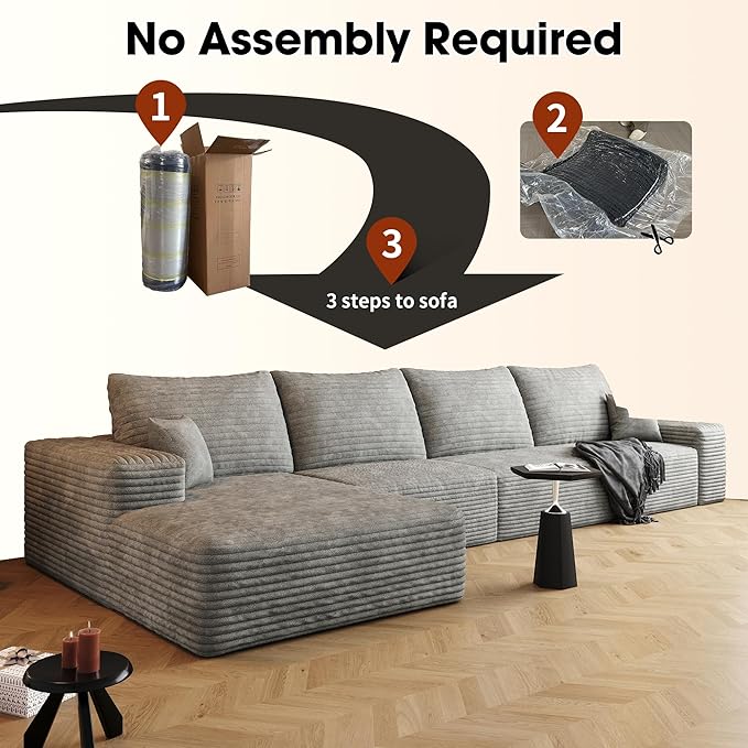 136" Sectional Couches for Living Room Modern Modular Sofa with L-Shape Couchs Upholstered Boneless Couch Deep Seat Sectional Couch with Chaise (Grey, Left Facing Chaise+3Seaters)-HomvellaHome