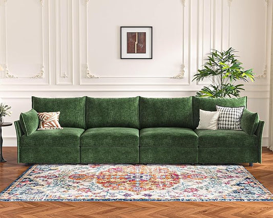 134.6" Modular Sectional Sofa, Oversized 4 Seater Green Couch with Removable Chenille Fabric Cover, Deep Seat & High Backrest for Living Room, Office & Apartment-HomvellaHome
