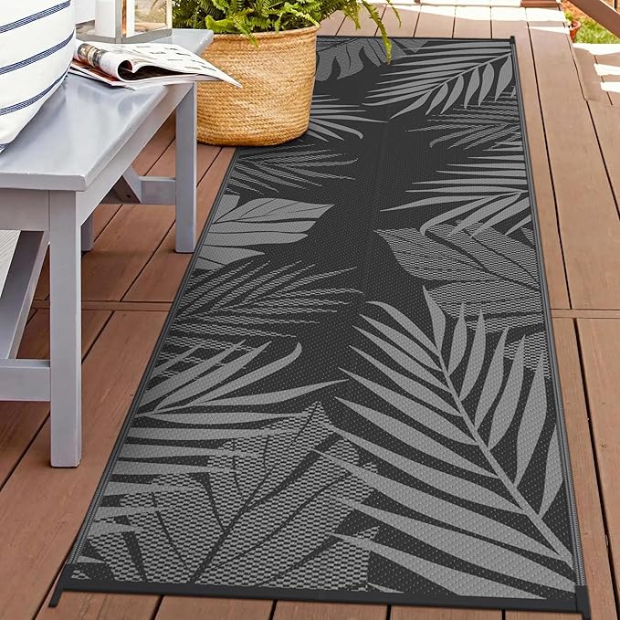 GENIMO Outdoor Rug 2.5' x 8' Waterproof for Patios Clearance, Reversible Outdoor Plastic Straw Camping Rug Carpet, Large Area Rugs Mats for RV, Camper, Deck, Balcony, Porch, Beach, Picnic, Black&Grey-HomvellaHome