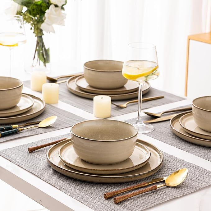 GBHOME Ceramic Dinnerware Sets for 8, 24 Pieces Stoneware Plates and Bowls Sets, Scratch Resistant Dishes, Dishwasher & Microwave Safe, Reactive Glaze-Cappuccino-HomvellaHome