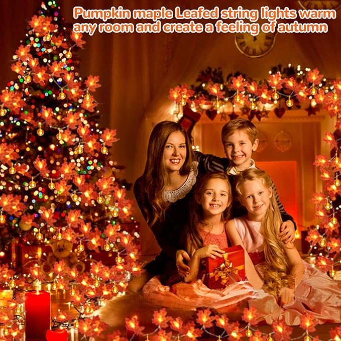 2 Pack Fall Garland with Pumpkin Lights Halloween Decorations Indoor 60 LED 20 Ft Enlarged Maples Leaves Fall Lights Battery Operated Halloween Garland Thanksgiving Decor Home Indoor Outdoor Christmas-HomvellaHome