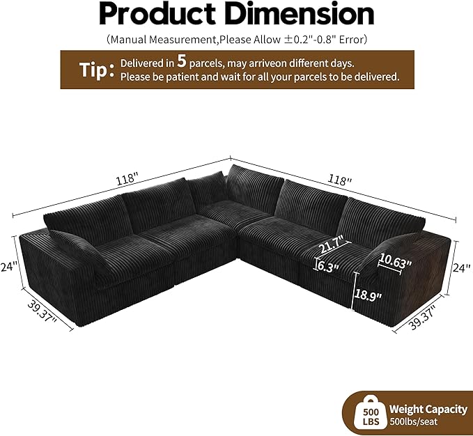 118" V Shaped Corner Modern Sofa Modular Sectional Cloud Couch,Deep Seat Upholstered Couches with Plush Corduroy Fabric for Living Room Furniture,Bedroom and Apartment,No Assembly Required,Black-HomvellaHome