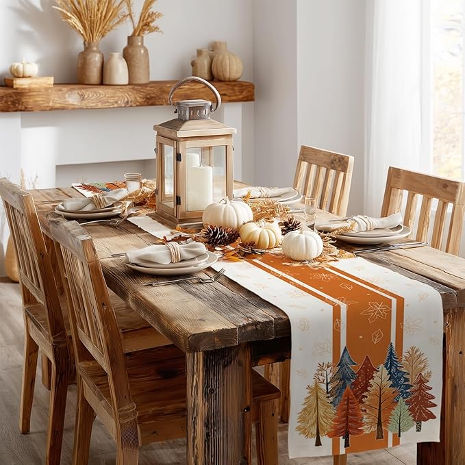 GEEORY Fall Watercolor Trees & Maple Leaves Striped Table Runner 13x90 Inch, Rustic Farmhouse Autumn Thanksgiving Decor for Kitchen, Dining, Indoor/Outdoor Holiday Dinner Party Orange GT157-90-HomvellaHome
