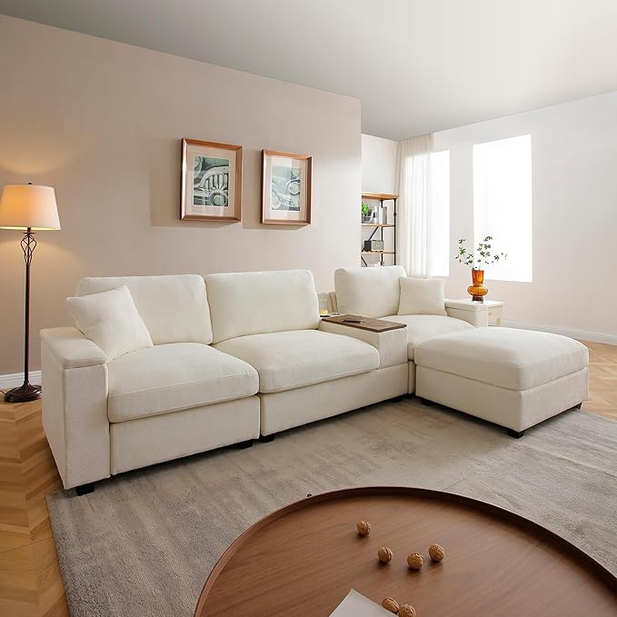 120.3" Modern L-Shaped Sectional Sofa with 360°Swivel Drop-Down Table, Storage Armrest, USB Ports & Movable Storage Ottoman – Plush Linen Cloud Couch for Lounge (Beige)-HomvellaHome