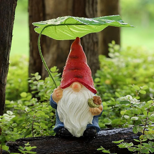 Garden Gnome Statue Decoration with Leaf Umbrella, 7.5” Figurine Ornament for Indoor Outdoor Home Patio Yard Lawn, for Gnome Lovers & Garden Enthusiasts，Mom，Women-HomvellaHome