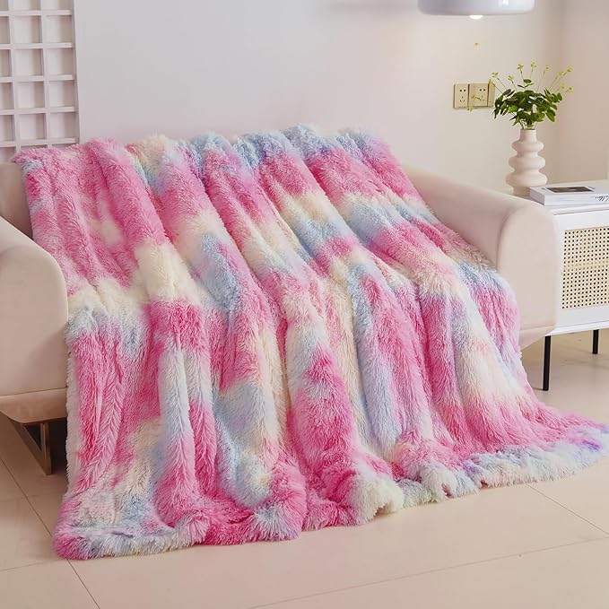 GONAAP Fuzzy Faux Fur Throw Blanket Queen Size Tie-dye Rainbow Super Soft Cozy Plush Fuzzy Shaggy Blanket for Couch Sofa Bed (Tie-dye Rainbow, Queen(90"x90"))-HomvellaHome