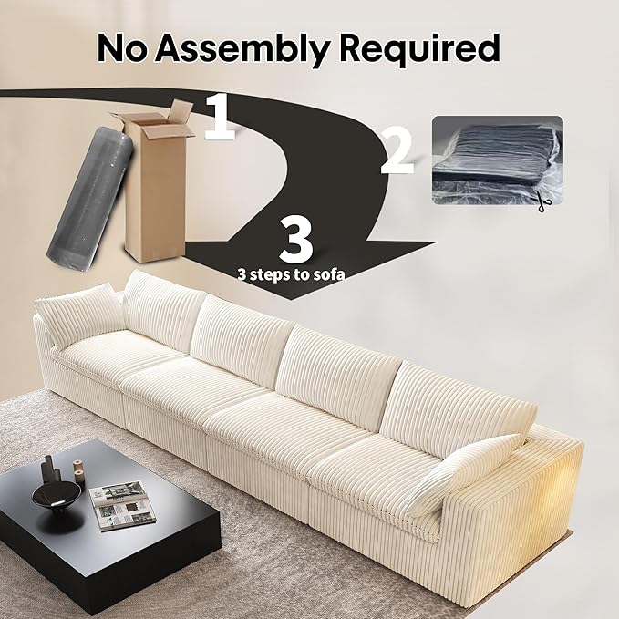 157.5" 4-Seater Cloud Sofa,Modular Sectional Couch,Modern Deep Seat Upholstered Couches with Plush Corduroy Fabric for Living Room Furniture,Bedroom and Apartment,No Assembly Required,White-HomvellaHome
