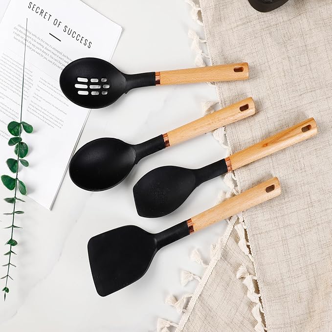13-Piece silicone utensil set wood handle nonstick cookware safe dishwasher safe kitchen tools BPA free heat resistant (450°F/230°C) ceramic pan safe cooking gifts housewarming (Black)-HomvellaHome