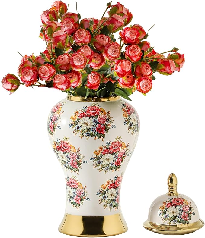 Ginger Jars for Home Decor, White Gold Ceramic Vase with Colorful Floral Pattern, Handmade Decorative Flower Vase with Lid for Home, Kitchen, Office, Table, Bookshelf, Mantle Fireplace,(12in)-HomvellaHome