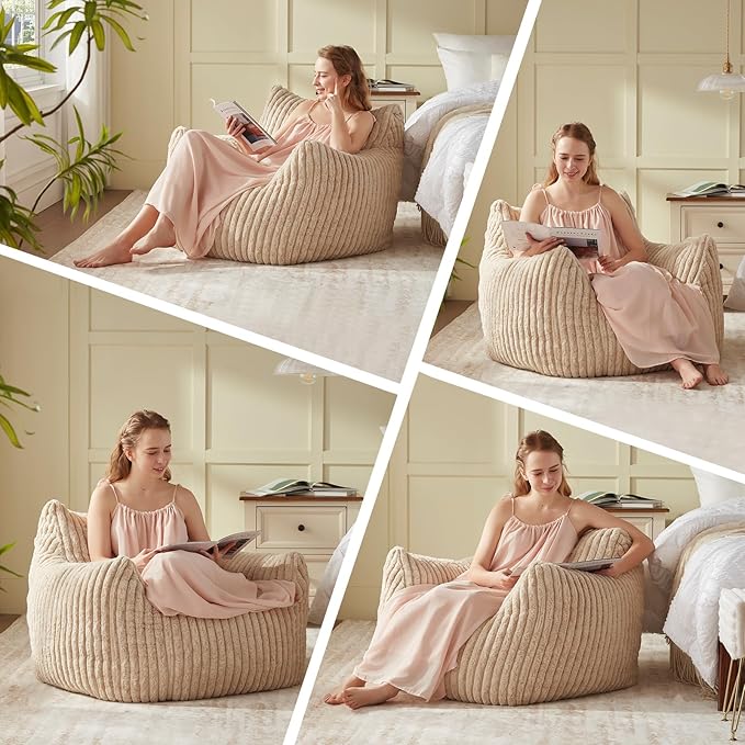 Giant Bean Bag Chairs for Adults Teens, Large Bean Bag Sofa Chairs with Filling Comfy Fuzzy BeanBag Chair with Armrests for Bedroom Living Room Reading-HomvellaHome
