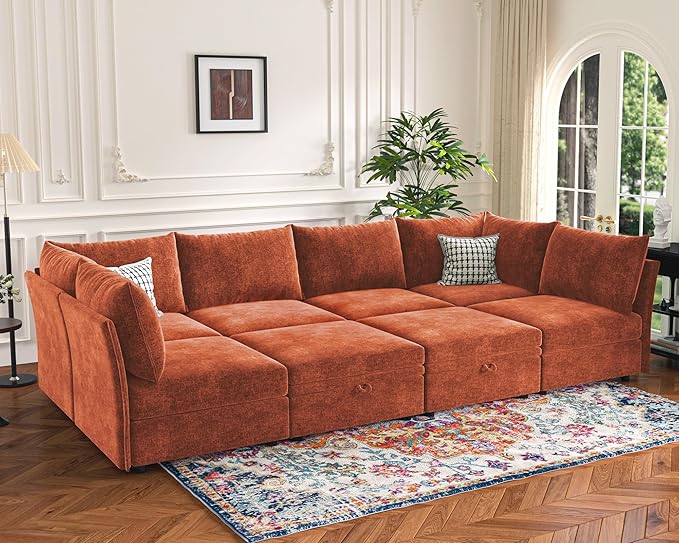 135.5" Oversized Modular Sectional Sofa, L Shaped Convertible Couch with Movable Ottoman, Large 6 Seat Corner Couches for Living Room Deep Seat Terracotta Orange Chenille-HomvellaHome