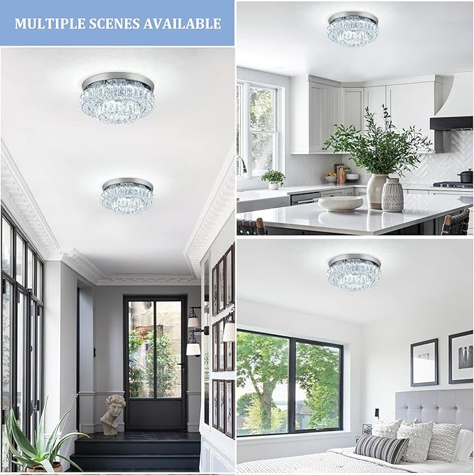 12 Inch Crystal Chandelier LED Ceiling Light 2 Tier Flush Mount Ceiling Light Fixtures Modern Chandelier Lighting for Hallway Bedroom Dining Room Kitchen (Cool White)-HomvellaHome