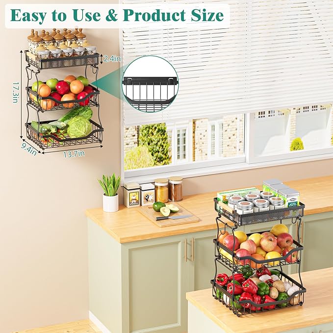 Giwil 3 Tier Countertop Fruit Mesh Basket for Kitchen, Vegetable Storage Bread Fruit Bowl Stand with 2 Banana Hooks, Wall Mounted Metal Wire Basket Organizer for Potato Onion, Black-HomvellaHome