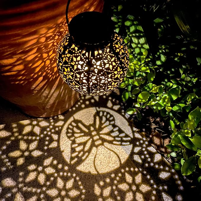 2 Pack Outdoor Solar Lantern Lights, Waterproof Tabletop LED Moroccan Lanterns, Hanging Metal Decorative Garden Lights for Patio, Lawn, Porch, Backyard-HomvellaHome