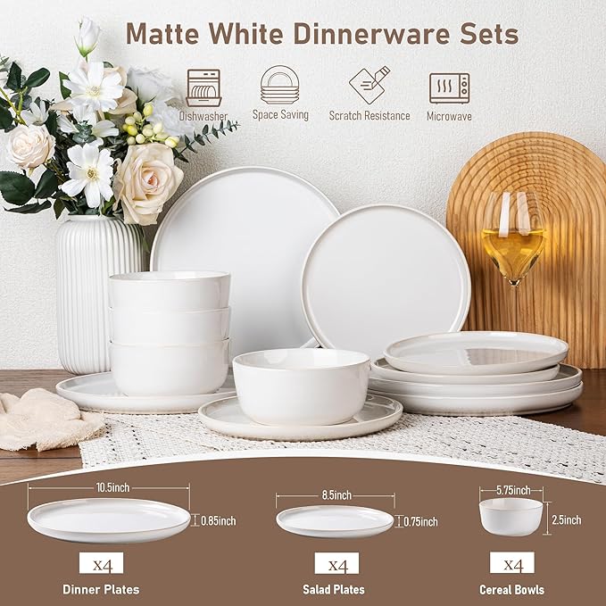 GBHOME Ceramic Dinnerware Sets for 4, 12 Pieces Stoneware Plates and Bowls Sets, Reactive Glaze Dishes -Scratch Resistant, Dishwasher&Microwave Safe-Star White-HomvellaHome