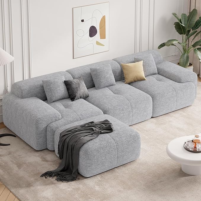 122" Modern L Shaped Modular Sectional Sofa, Boneless Couches for Living Room with Ottoman,4 Seater Convertible Chenille Cloud Couch Sofa Set, No Assembly Required, Light Grey 1 PCS-HomvellaHome