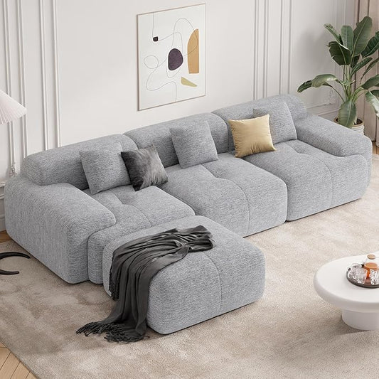122" Modern L Shaped Modular Sectional Sofa, Boneless Couches for Living Room with Ottoman,4 Seater Convertible Chenille Cloud Couch Sofa Set, No Assembly Required, Light Grey 1 PCS-HomvellaHome