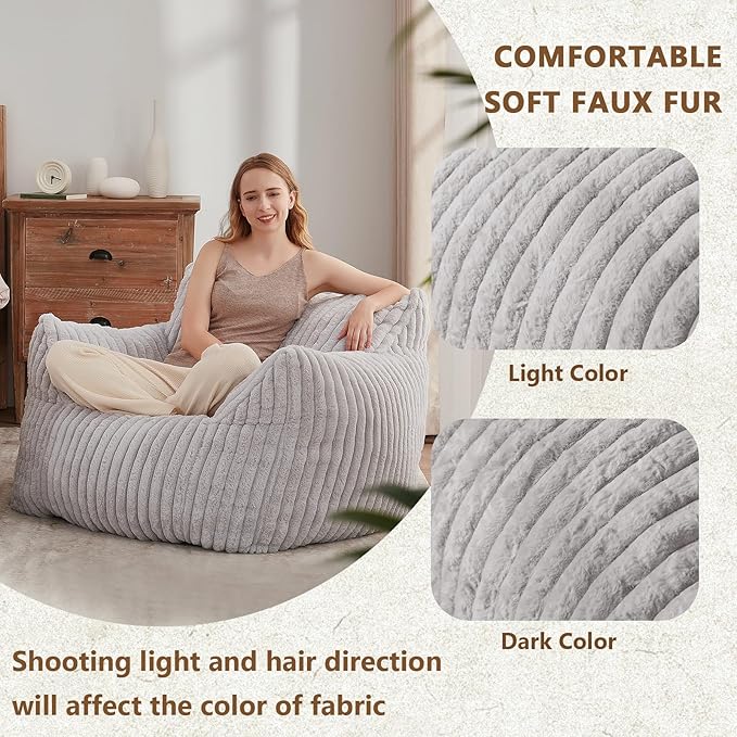 Giant Bean Bag Chairs for Adults Teens, Large Bean Bag Sofa Chairs with Filling Comfy Fuzzy BeanBag Chair with Armrests for Bedroom Living Room Reading (Light Gray, Large)-HomvellaHome