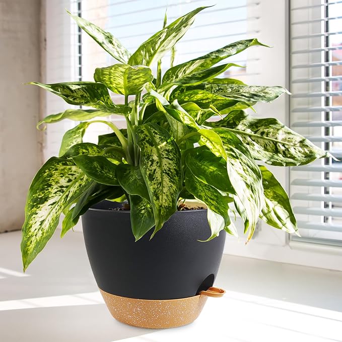 10/9/8 inch Medium Self Watering Pots, Planter, Plant Pots with Mesh Drainage Holes for Indoor Outdoor Garden Plants, Plastic Flower Pots with Removable Deep Reservoir, Black with Brown-HomvellaHome