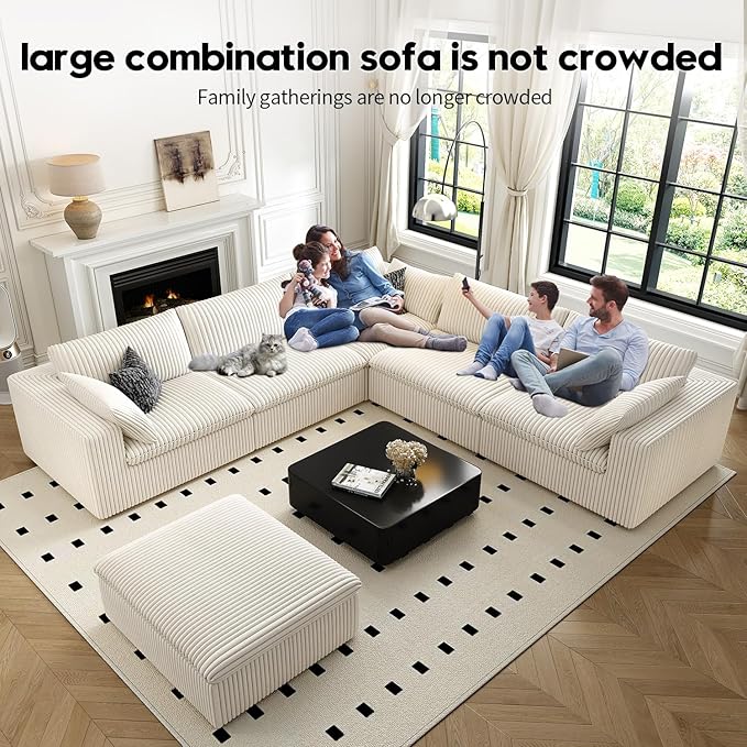 118" Cloud Couch Oversized Modular Sectional Sofa for Living Room,Modern Sofa with Deep Seat，6 Seater Boneless Couch,Comfy Upholstered Corduroy Couches for Apartment, Studio, Office,Bedroom，White-HomvellaHome