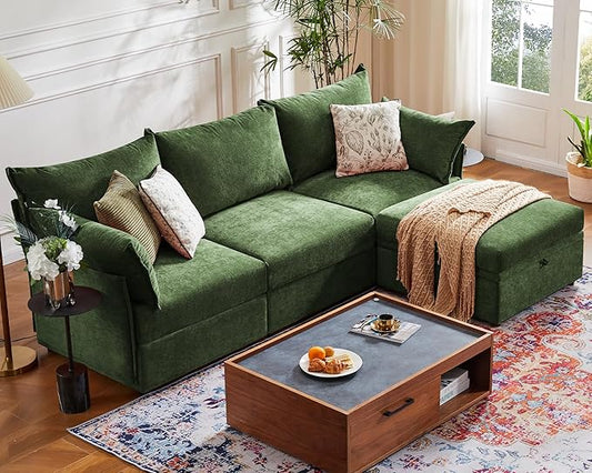 102.6" Modular Sectional Sofa, L Shaped Couch Set for Living Room, 3-Seater Comfy Cloud Couches with Movable Storage Ottoman,DIY Combination - Chenille Green-HomvellaHome