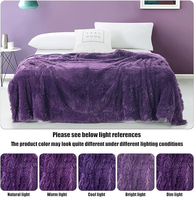 GONAAP Fuzzy Faux Fur Throw Blanket Queen Size Purple Super Soft Cozy Plush Fuzzy Shaggy Blanket for Couch Sofa Bed (Purple, Queen(90"x90"))-HomvellaHome