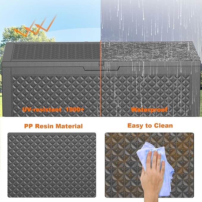 100 Gallon Resin Deck Box, Lockable Patio Outdoor Storage Box for Furniture, Garden Tools and Tools Storage, Waterproof Outside Storage Boxes - Patterned black-HomvellaHome