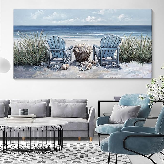 HGUAOA Coastal Wall Art - Large Landscape Wall Pictures for Living Room, Bedroom Pictures, Ocean Beach Artwork, Blue Wall Art, Above Bed Decor, Coastal Landscape Wall Art, Beach Pinting-HomvellaHome