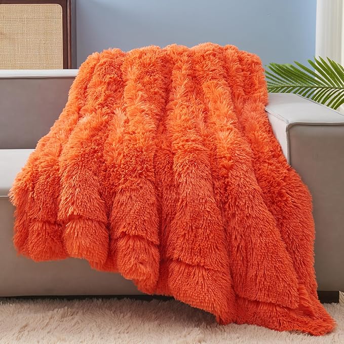 GONAAP Fuzzy Faux Fur Throw Blanket Twin Size Orange Super Soft Cozy Plush Fuzzy Shaggy Blanket for Couch Sofa Bed (Orange, Twin(60"x80"))-HomvellaHome