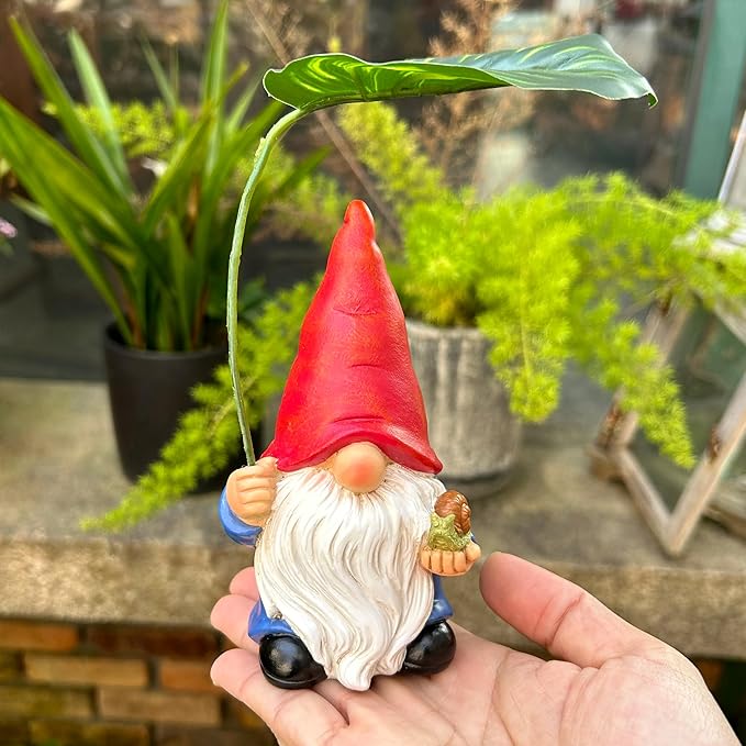 Garden Gnome Statue Decoration with Leaf Umbrella, 6.5” Figurine Ornament for Indoor Outdoor Home Patio Yard Lawn, for Gnome Lovers & Garden Enthusiasts，Mom，Women-HomvellaHome