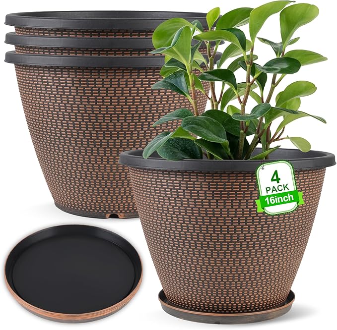 16 inch Plant Pots, Large Planters for Outdoor Plants Set of 4, Round Plastic Flower Pots with Drainage Holes & Trays, Modern Decorative Indoor Garden Pot, Plant Container for House (Black Copper)-HomvellaHome