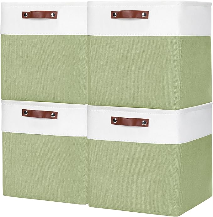 13x13 Cube Storage Bins, Collapsible Fabric Storage Box, 4 Pack Closet Baskets with Handles for Organizing, Shelf, Toys, Clothes, Home, Office, Nursery (Green&White)-HomvellaHome