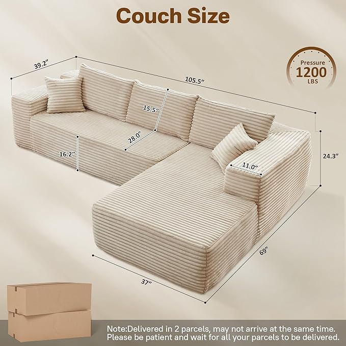 104" Cloudy Sectional L Shaped Couch for Living Room, No Assembly Required, Modular Comfy Sofa with Deep Seat, Fluffy Couch with Sleeper Chaise for Apartment Lounge (Beige)-HomvellaHome