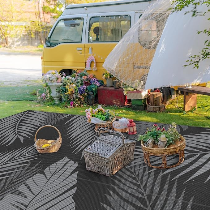 GENIMO Outdoor Rug 10' x 14' Waterproof for Patios Clearance, Reversible Outdoor Plastic Straw Camping Rug Carpet, Large Area Rugs Mats for RV, Camper, Deck, Balcony, Porch, Beach, Picnic, Black&Grey-HomvellaHome