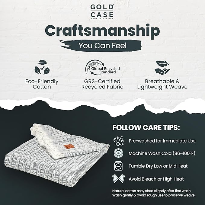 Gold Case Throw Blanket for Couch – 100% Recycled Turkish Cotton Blankets & Throws – Elegant Decorative Throw Blankets for Living Room Sofa – Woven Throws for Couch – Vintage Grey – 50x60-HomvellaHome