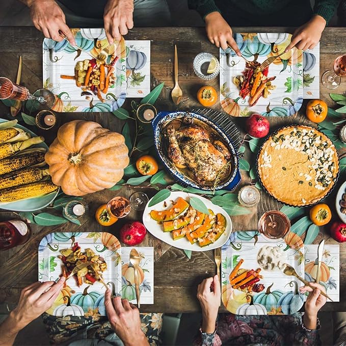 Grencian 200Pcs Fall Plates and Napkins Square Blue Pumpkins Plate Thanksgiving Paper Plates Pumpkin Wood Grain Dinnerware for Baby Shower Fall Harvest Family Thanksgiving Party Decorations, Serves 50-HomvellaHome