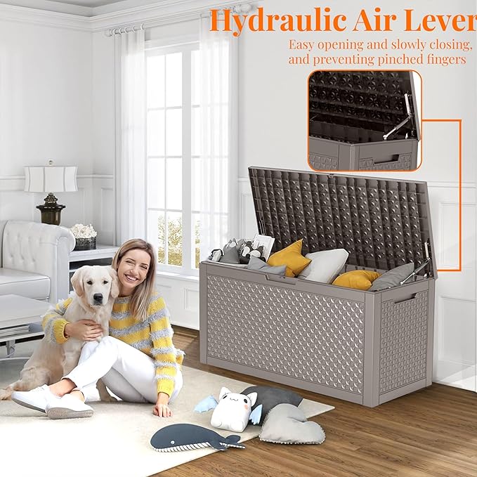 100 Gallon Resin Deck Box, Lockable Outdoor Storage Box for Patio Cushions Storage Furniture,Garden Tools, Pool Supplies, Weatherproof and UV Resistant (Grey L)-HomvellaHome