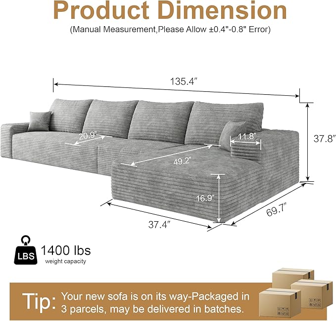 136" Sectional Couches for Living Room Modern Modular Sofa with L-Shape Couchs Upholstered Boneless Couch Deep Seat Sectional Couch with Chaise (Grey, Right Facing Chaise+3Seaters)-HomvellaHome