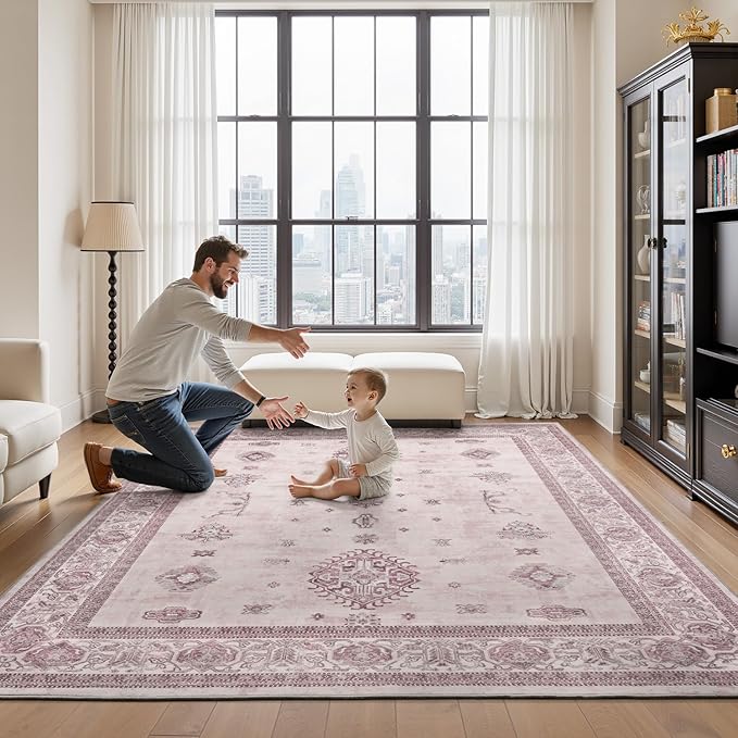 AMOAMI-Vintage Area Rug 6X9 Pink Rugs for Living Room-Soft Living Room Rug Non Slip Rugs for Bedroom Carpet Machine Washable Rug for Dining Room Bedside Office Room Decor-HomvellaHome