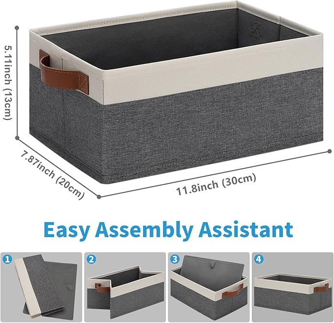 GhvyenntteS Small Fabric Storage Bins 12 Pack, Storage Basket with Leather Handles, Closet Storage Bins for Shelves, Storage Baskets for Shelves, Home, Office (Grey/White, 11.8" x 7.87" x 5.11")-HomvellaHome