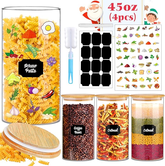 Glass Storage Jars 45 oz 4 Pcs Clear Glass Food Storage Containers with Airtight Bamboo Lid Stackable Kitchen Canisters for Candy, Cookie, Rice, Sugar, Flour, Pasta, Nuts-HomvellaHome