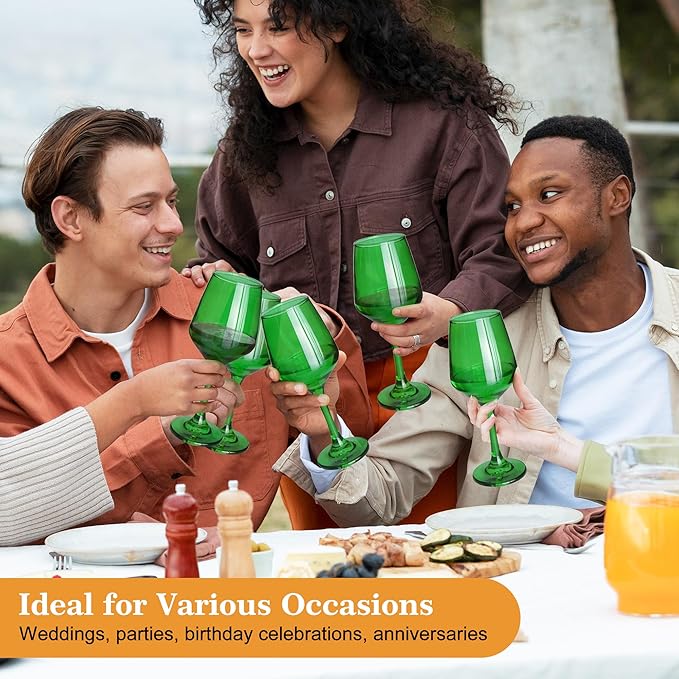 Green Wine Glasses Set of 6-12oz Green Long Stem Wine Glass Cups, Pretty Crystal Glassware, Hand Blown Goblets Drinkware, Unique Drinking Stemware Holiday Gift Set-HomvellaHome