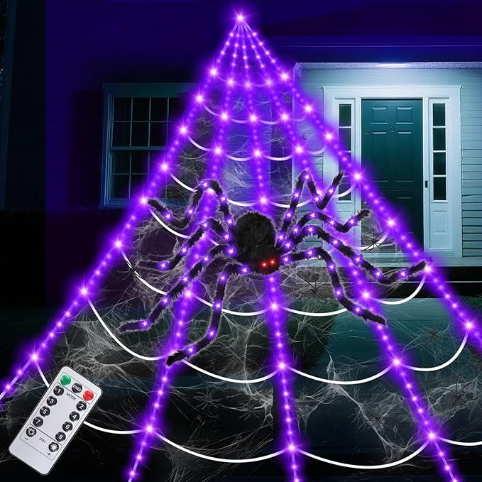 16.4 X 15.8Ft Giant Spider Web Halloween Decorations with 250 LED Lights, Halloween Spider Web Outdoor with 5Ft Large Spider, 3.53 Oz Stretch Web and 20 Small Spiders for Yard House Party Decoration-HomvellaHome