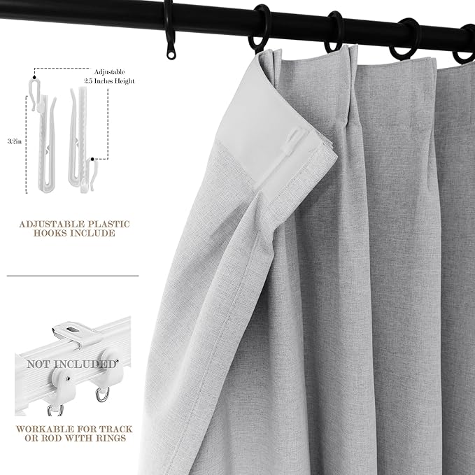 100% Blackout Linen Textured Drapes for Bedroom Pinch Pleated Curtains for Track System Portable Drapery for Sliding Glass Door/Storage/Space Room Divider, 70" Wx96 L, 1 PC, Silver Grey-HomvellaHome