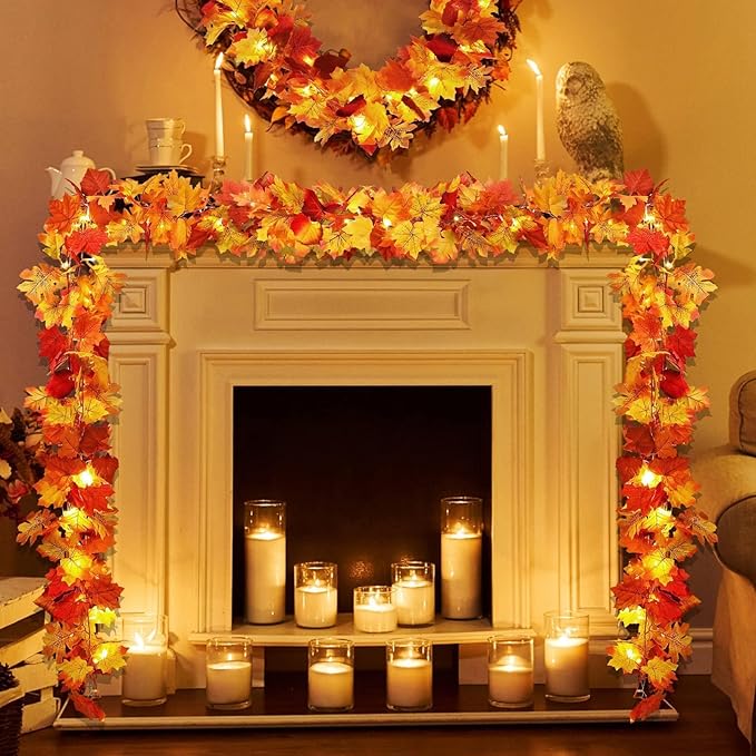 2 Pack Fall Decor Maple Leaves Garland with Lights Battery Operated Fall Thanksgiving Decorations Garland for Home Porch Front Door Table Mantle Outdoor Autumn Harvest Halloween Decor, 11.8Ft 40LED-HomvellaHome